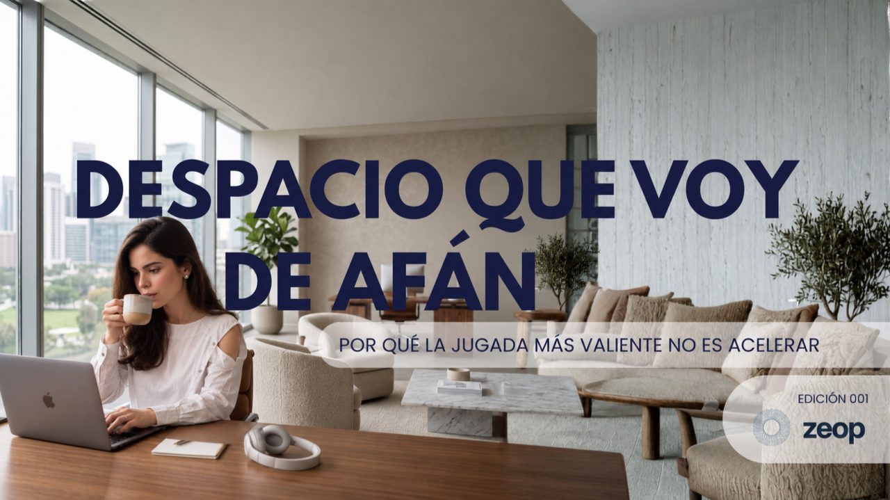 Portada de la edición 001: una mujer toma café frente a su portátil, junto a un ventanal, bajo el título Despacio que voy de afán y la línea «Por qué la jugada más valiente no es acelerar»